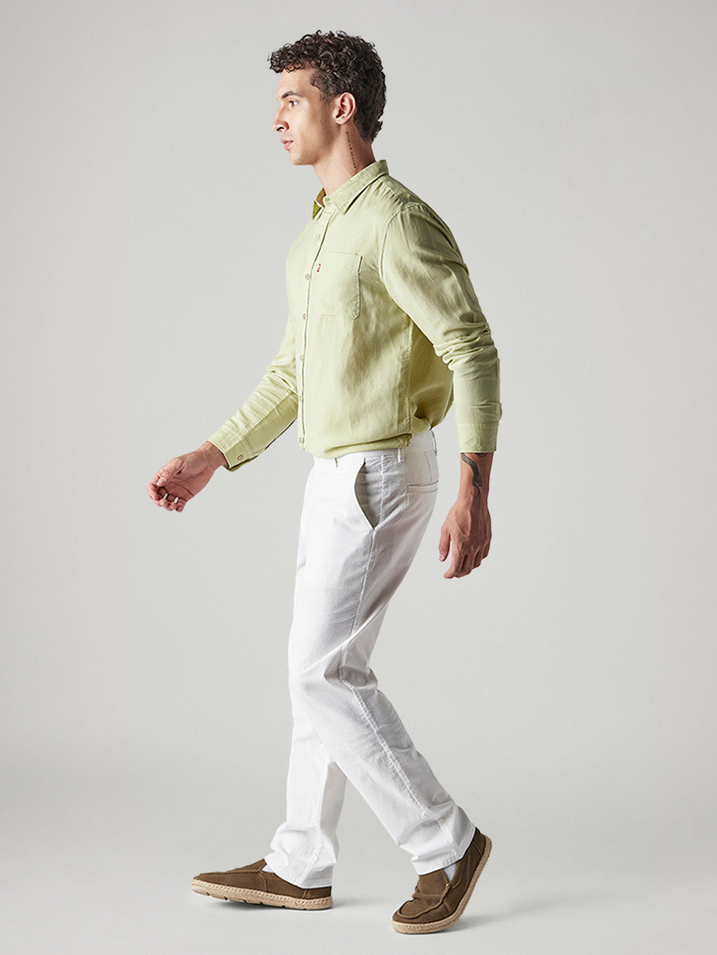 Men's White Authentic Relaxed Fit Mid Rise Linen Chinos - Side View