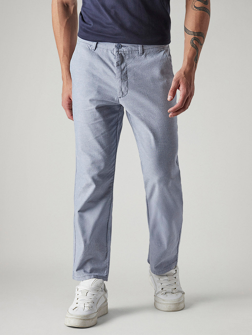 Men's Blue Authentic Relaxed Fit Mid Rise Linen Chinos - Front View
