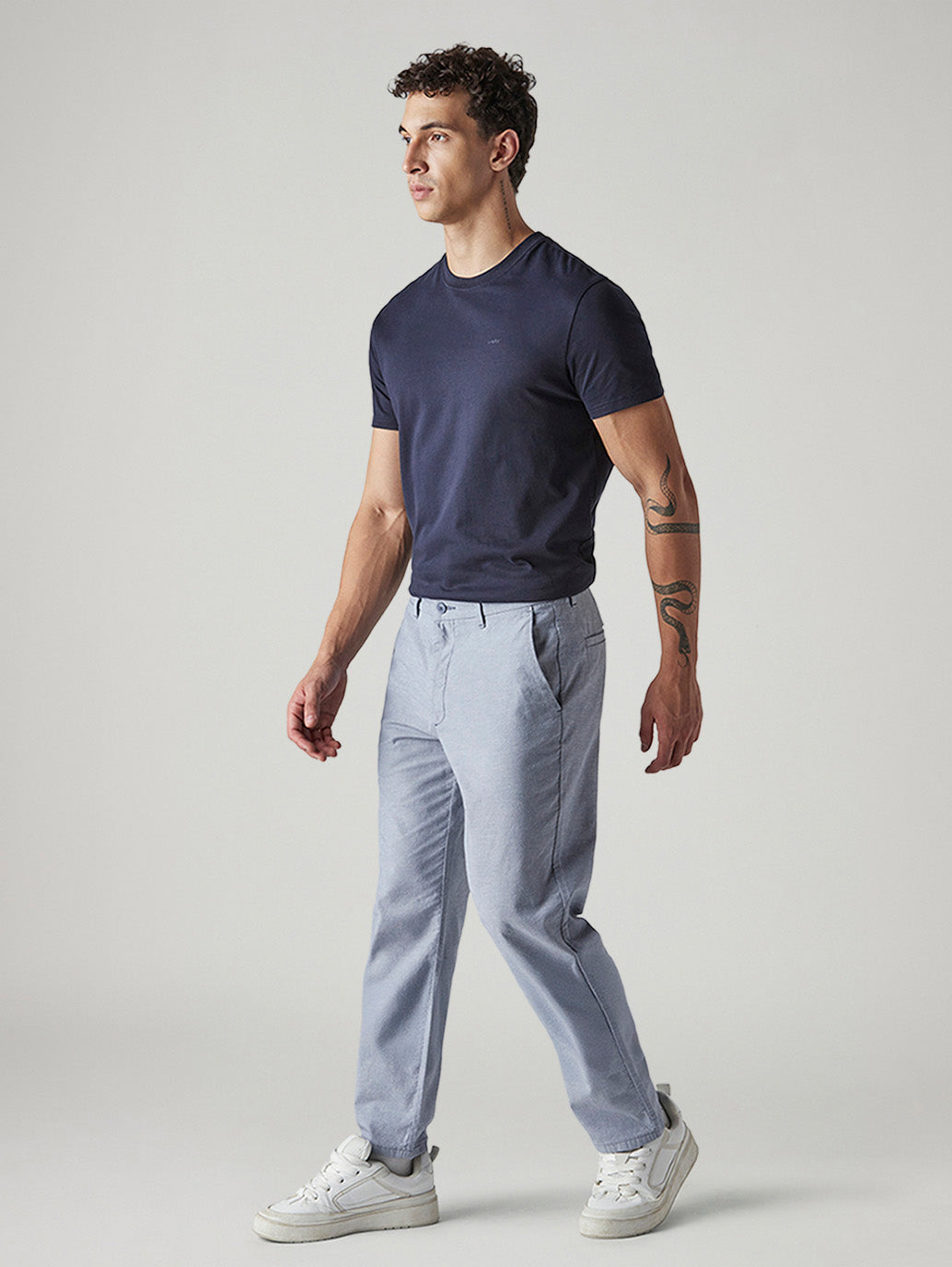 Men's Blue Authentic Relaxed Fit Mid Rise Linen Chinos - Side View