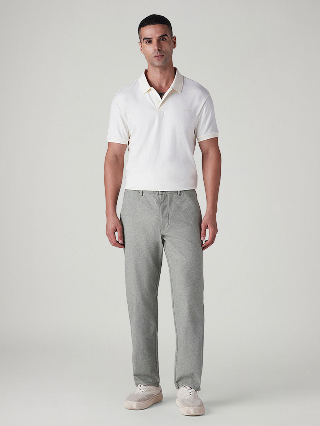 Men's Grey Authentic Relaxed Fit Mid Rise Linen Chinos - Front View