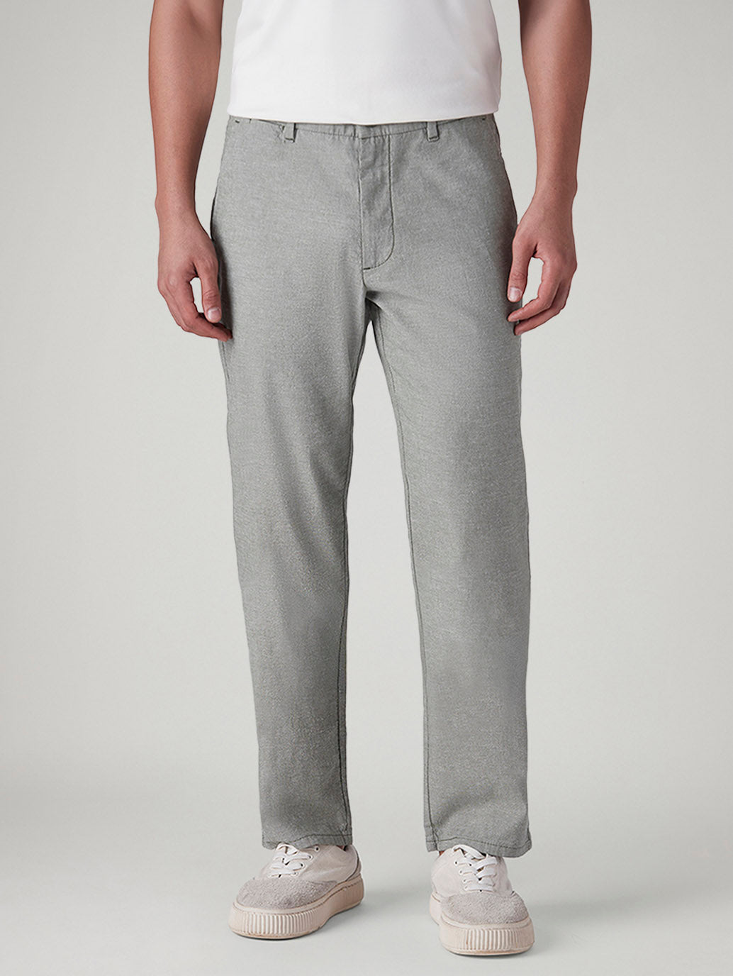 Men's Grey Authentic Relaxed Fit Mid Rise Linen Chinos - Front View