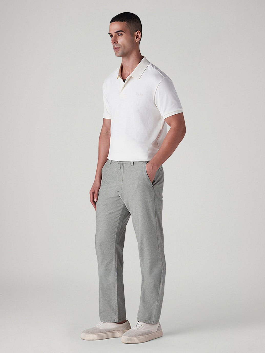 Men's Grey Authentic Relaxed Fit Mid Rise Linen Chinos - Side View
