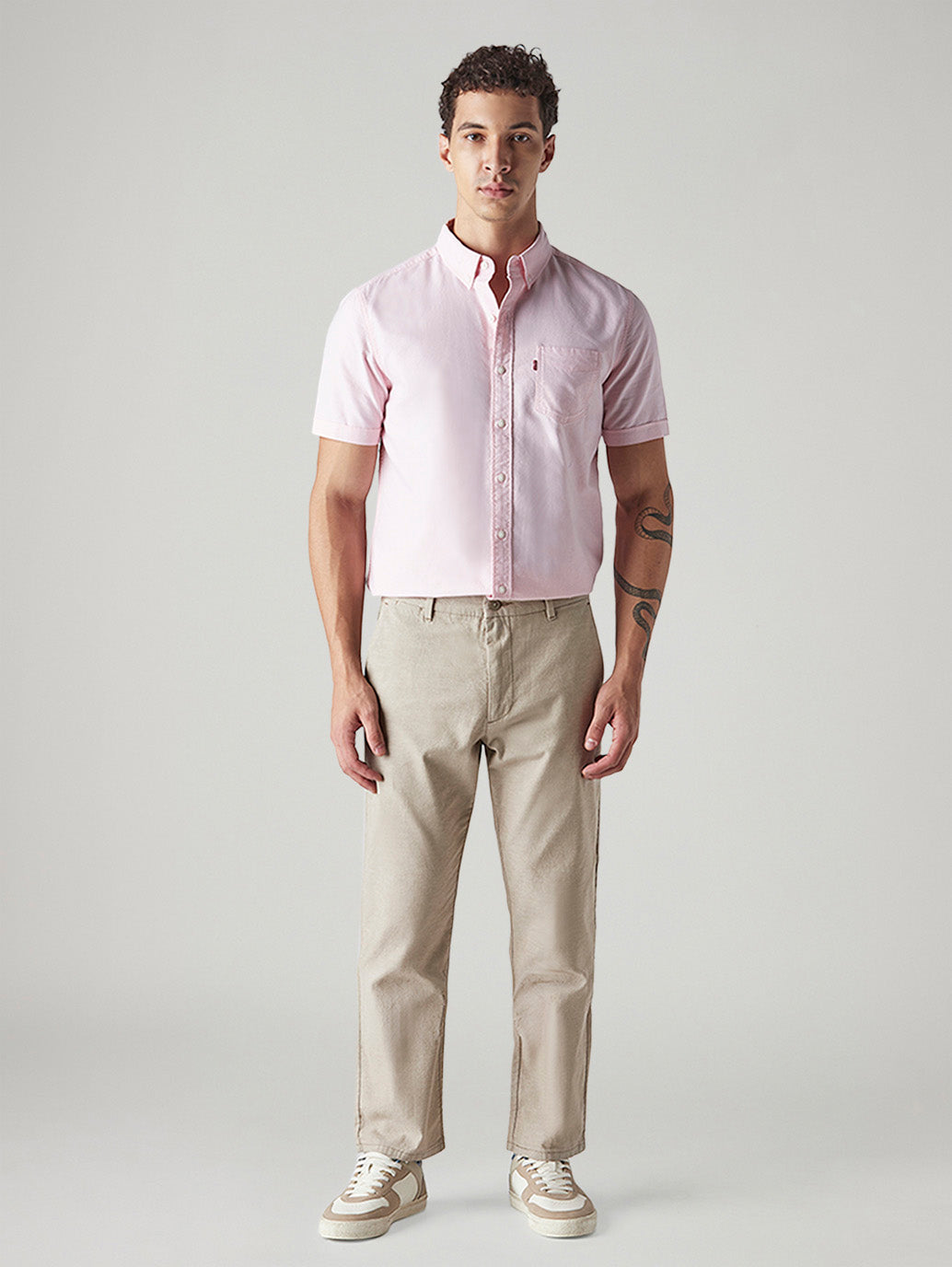 Men's Beige Authentic Relaxed Fit Mid Rise Linen Chinos - Front View