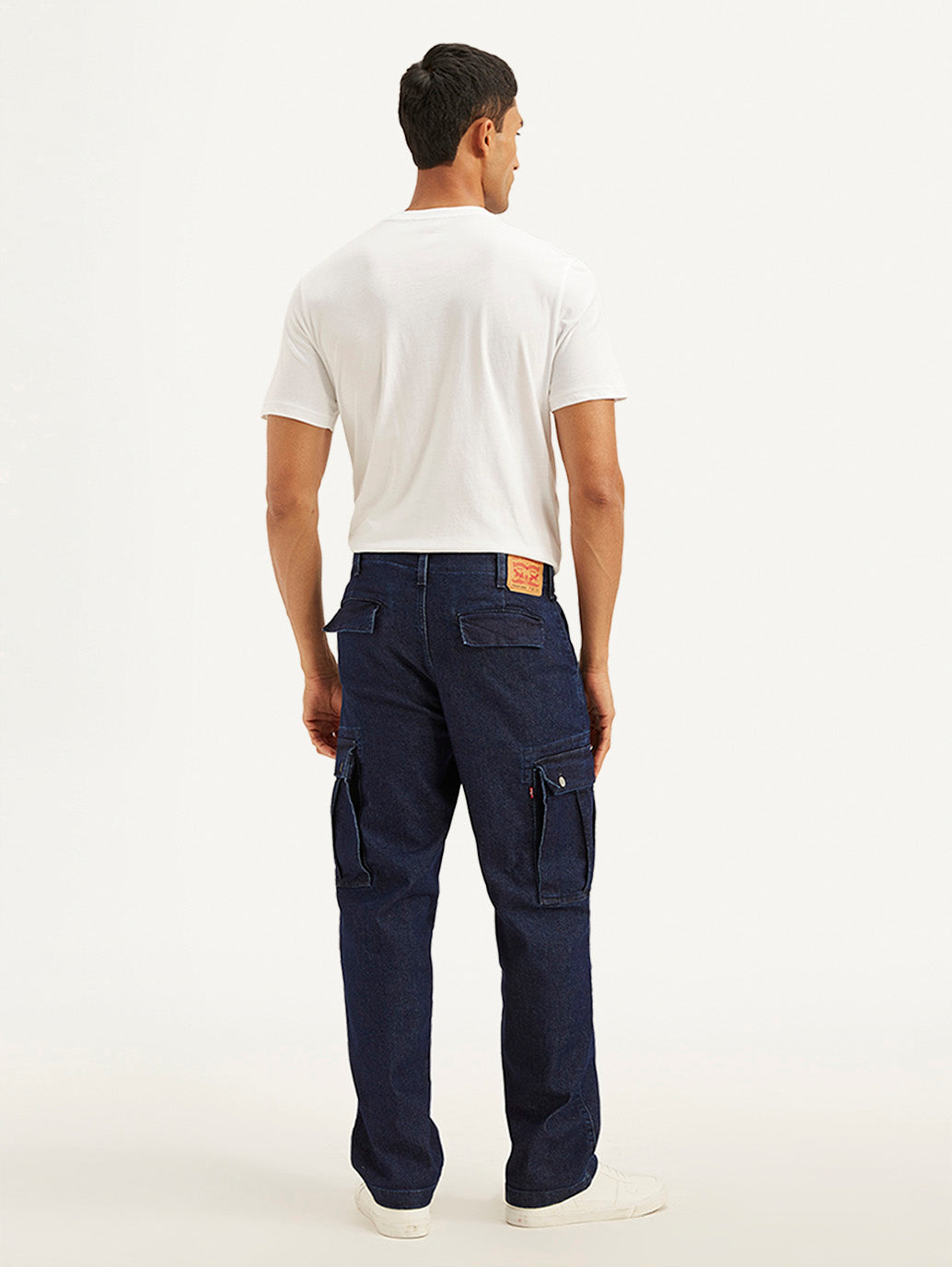 Men's Navy Blue Straight Fit Mid Rise Cargo Jeans - back View