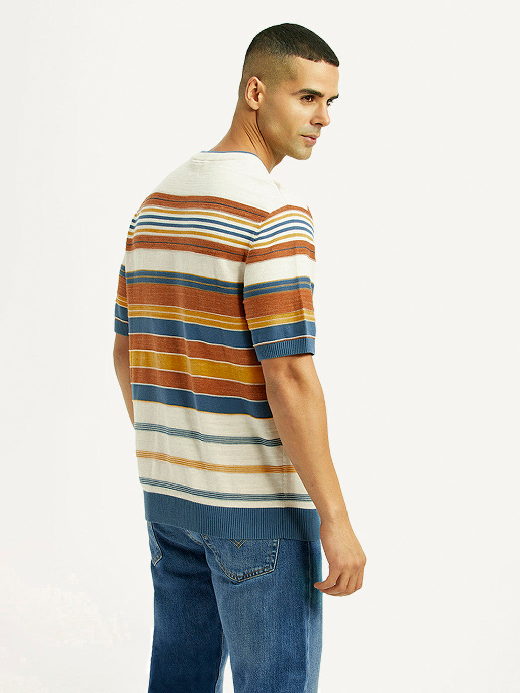 Men's Striped Multicolor Loose Fit T-Shirt - Back View