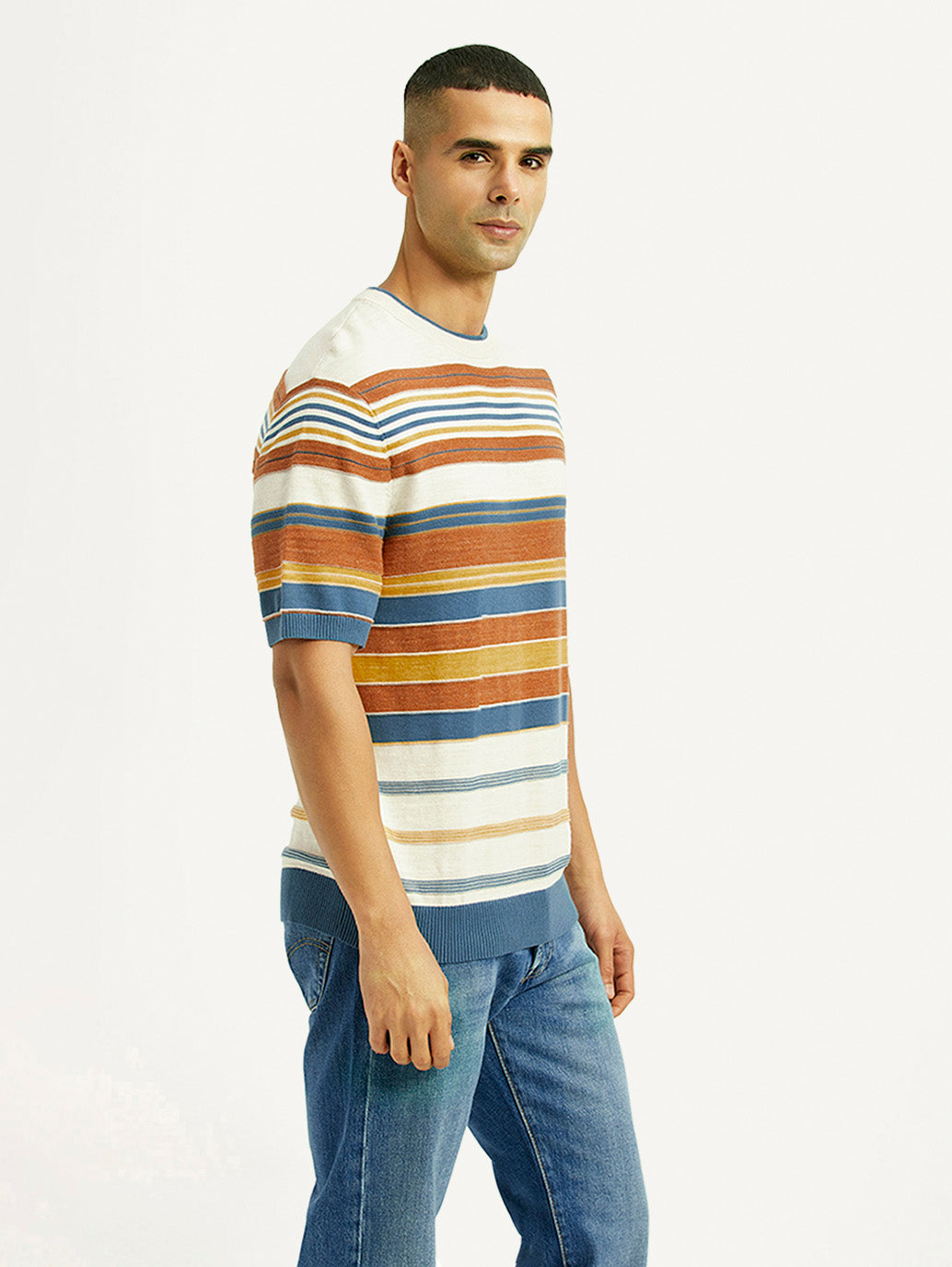 Men's Striped Multicolor Loose Fit T-Shirt - Side View
