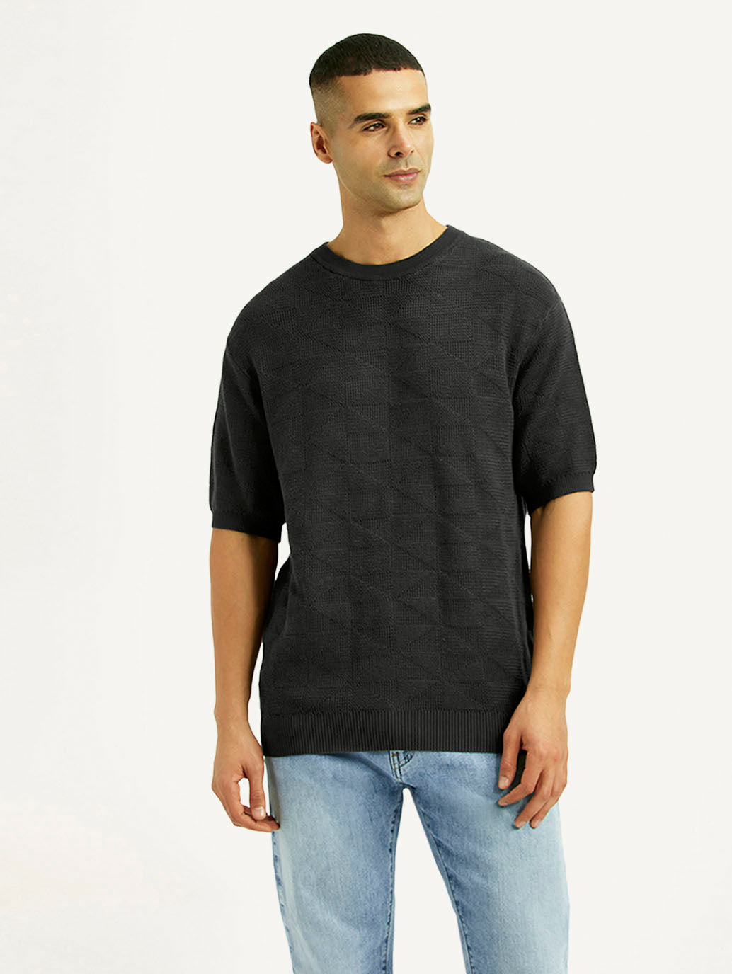 Men's Textured Black Loose Fit T-Shirt - Front View