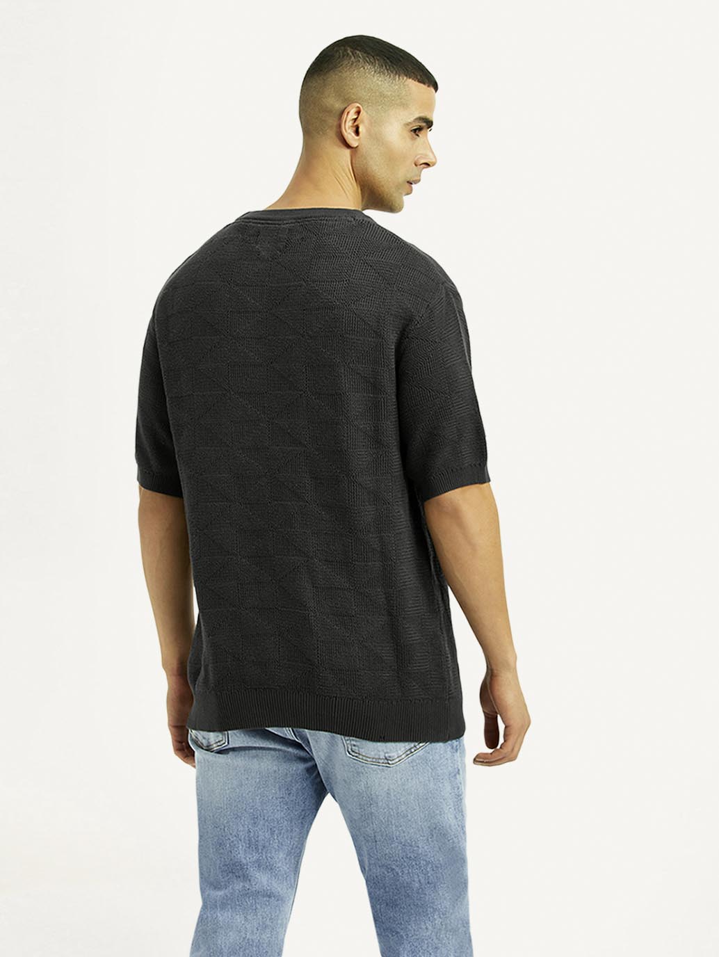 Men's Textured Black Loose Fit T-Shirt - Back View