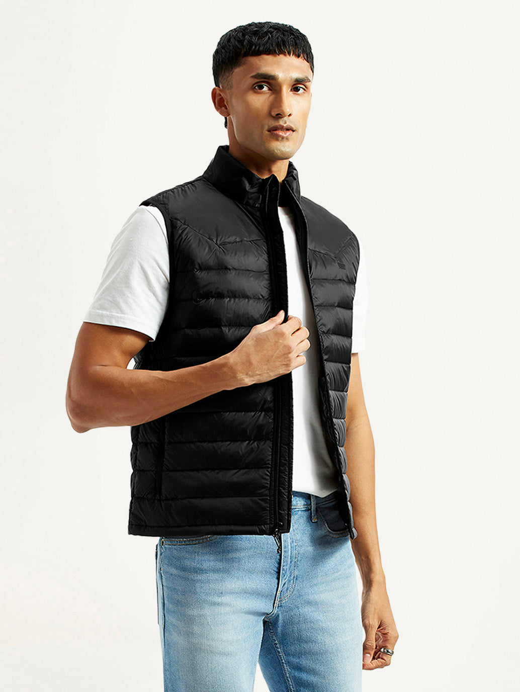 Men's Solid Black Puffer Jacket - Styleshot View