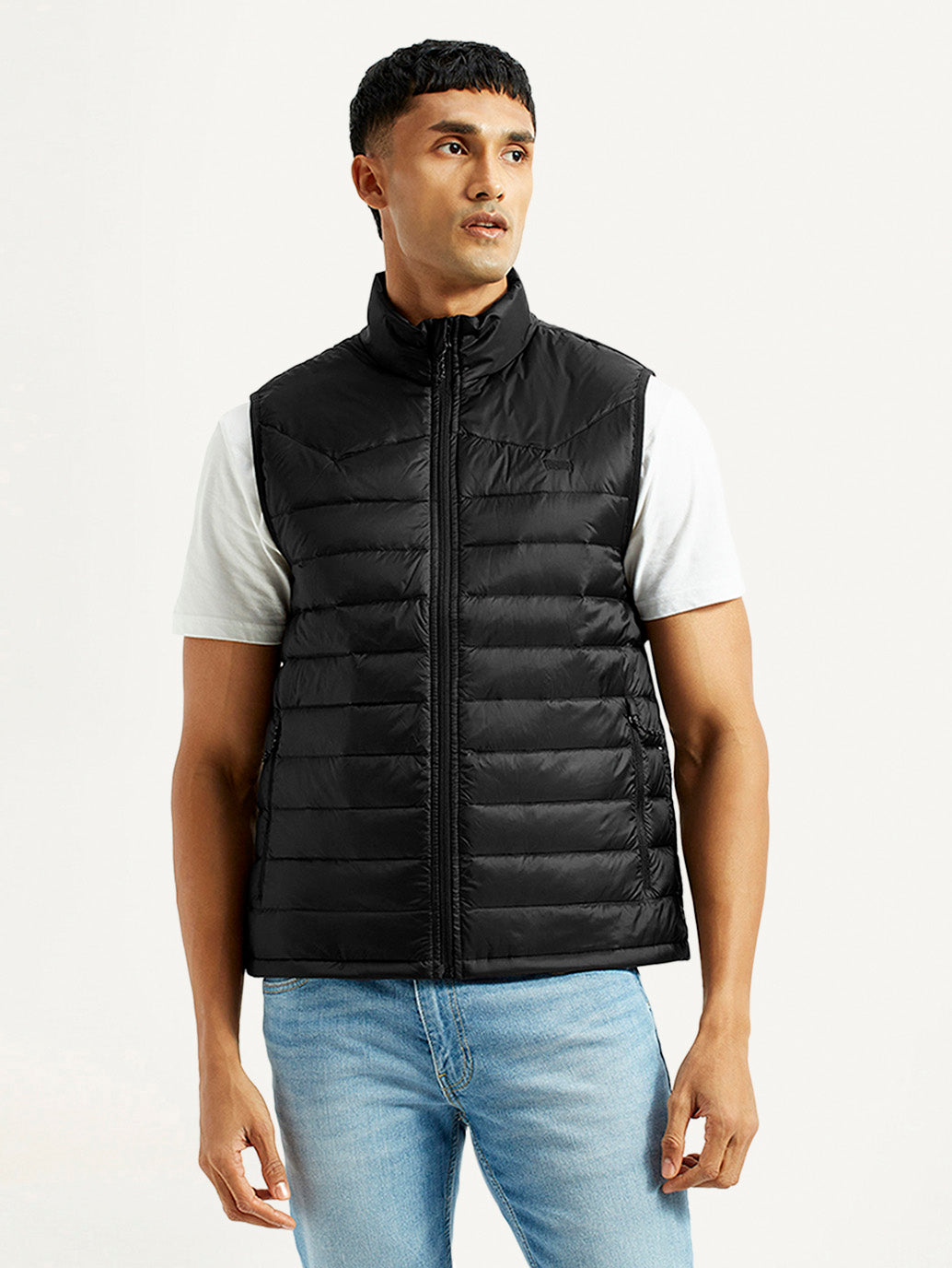 Men's Solid Black Puffer Jacket - Front View