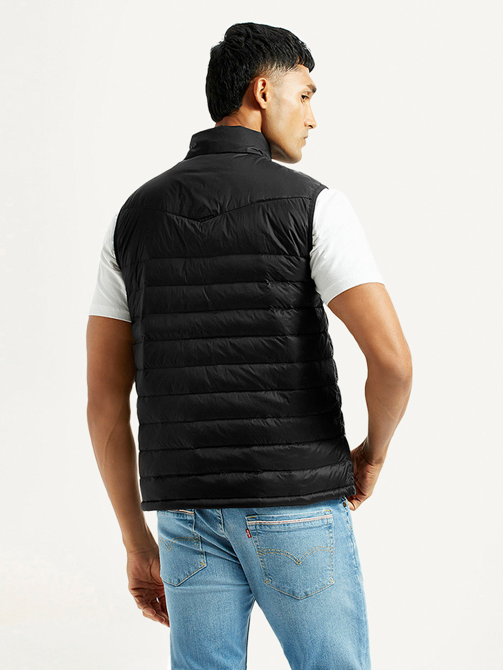 Men's Solid Black Puffer Jacket - Back View