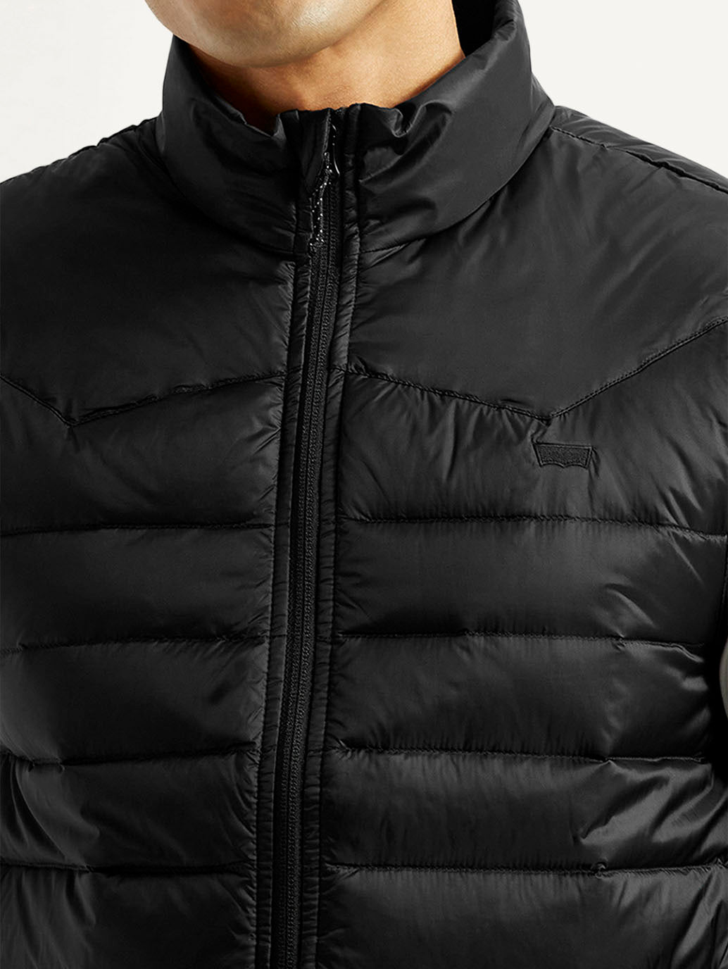 Men's Solid Black Puffer Jacket - Detail View