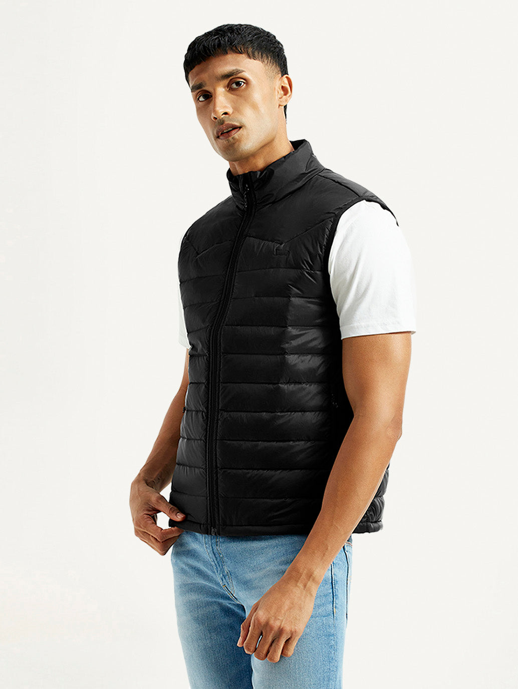 Men's Solid Black Puffer Jacket - Side View
