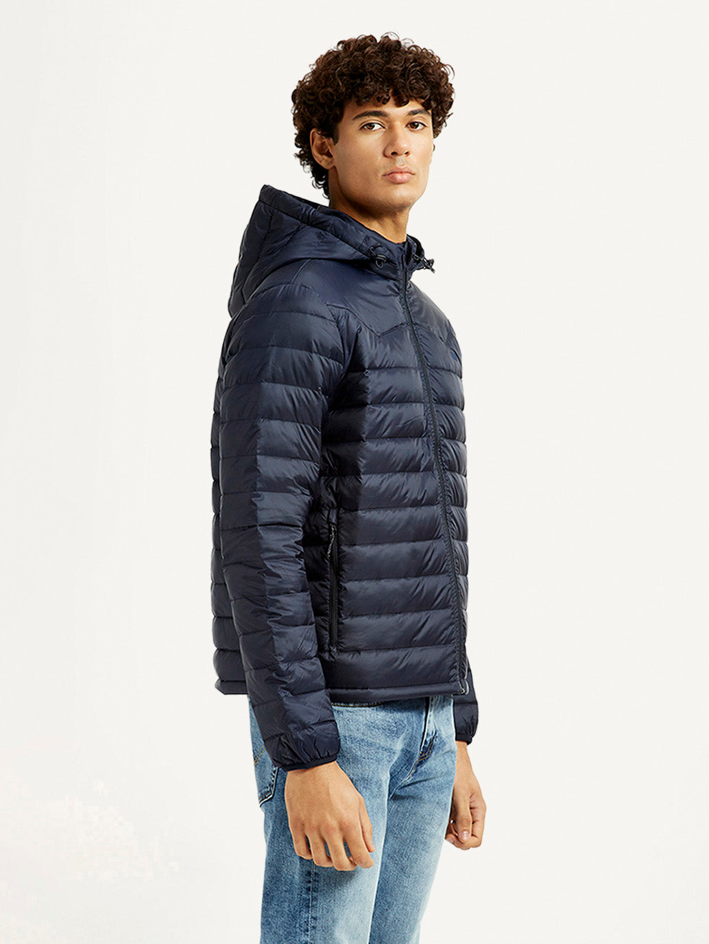 Men's Quilted Navy Puffer Jacket - Side View