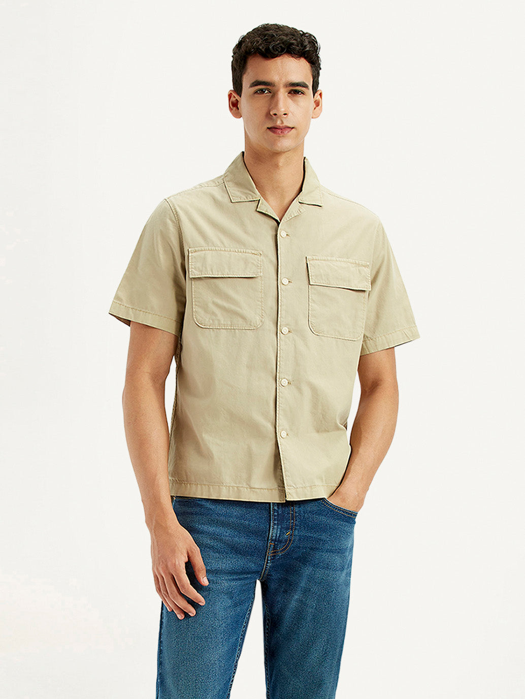 Men's Overdyed Beige Slim Fit Resort Collar Oxford Shirt - Styleshot View