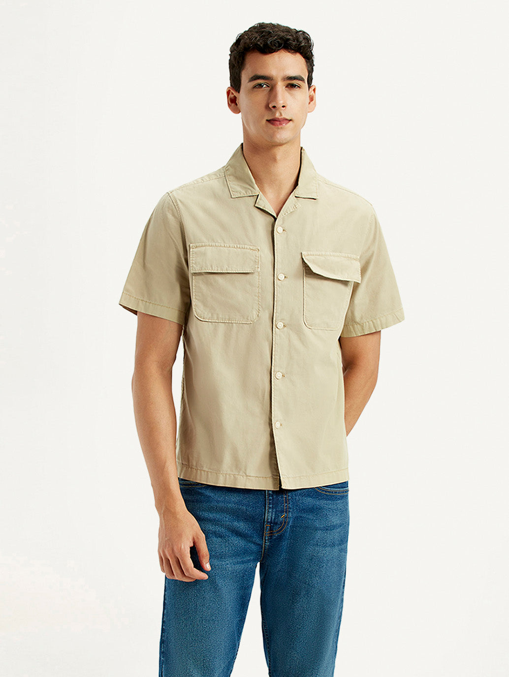Men's Solid Overdyed Beige Relaxed Fit Resort Collar Shirt