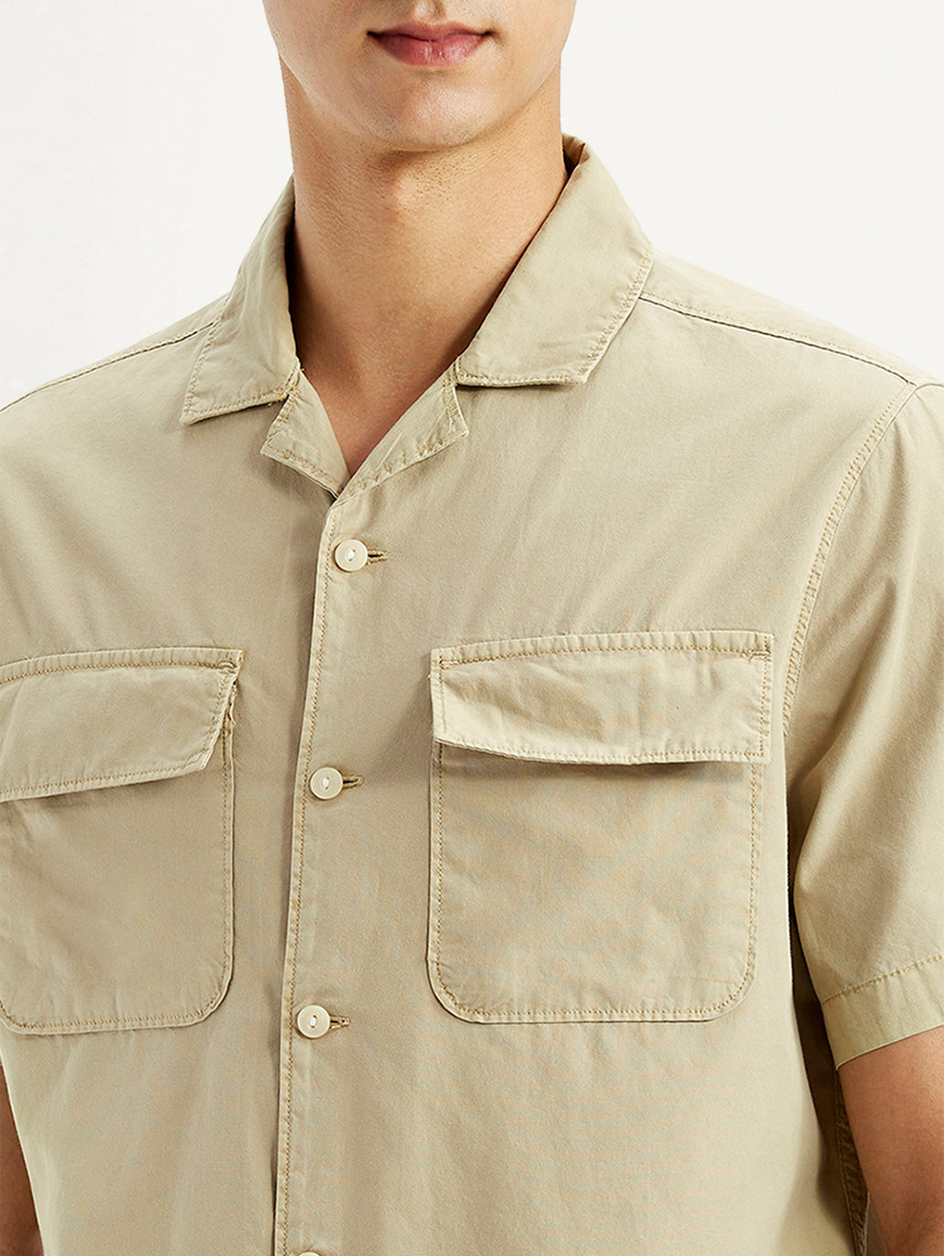 Men's Solid Overdyed Beige Relaxed Fit Resort Collar Shirt - Detail View
