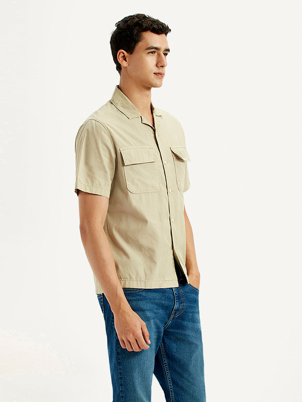 Men's Overdyed Beige Slim Fit Resort Collar Oxford Shirt - Side View