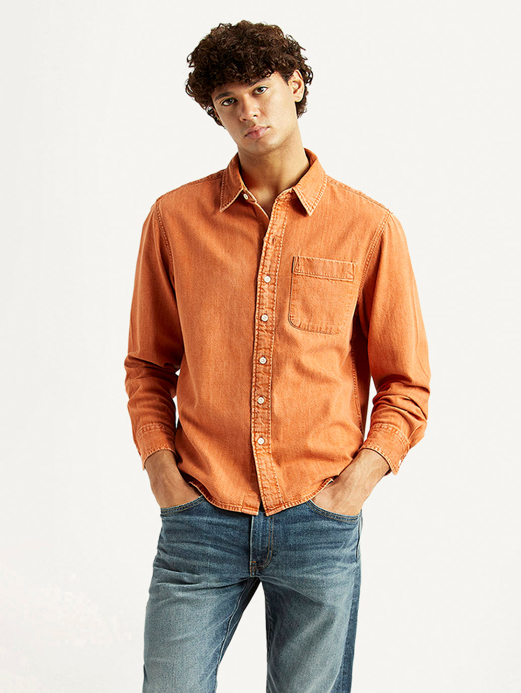 Men's Solid Orange Spread Collar Shirt