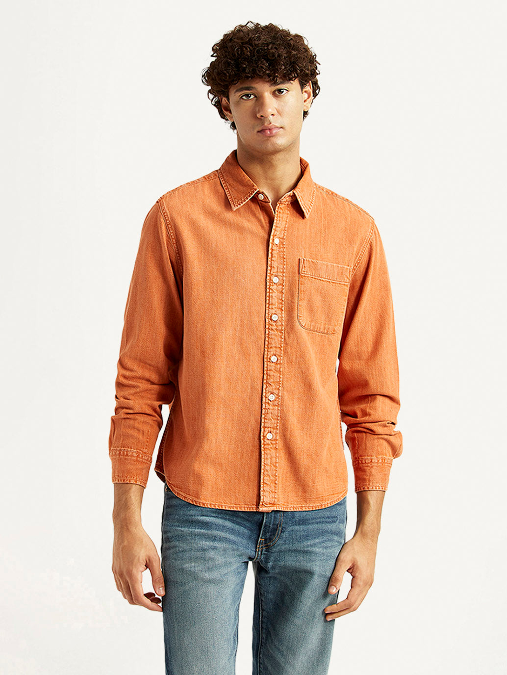 Men's Solid Orange Spread Collar Shirt - Front View