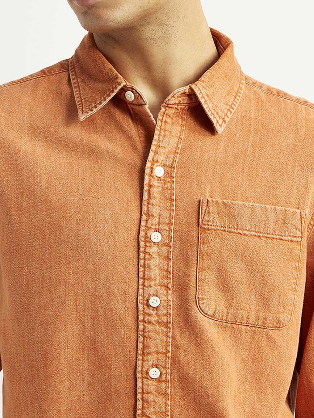 Men's Solid Orange Spread Collar Shirt - Detail View