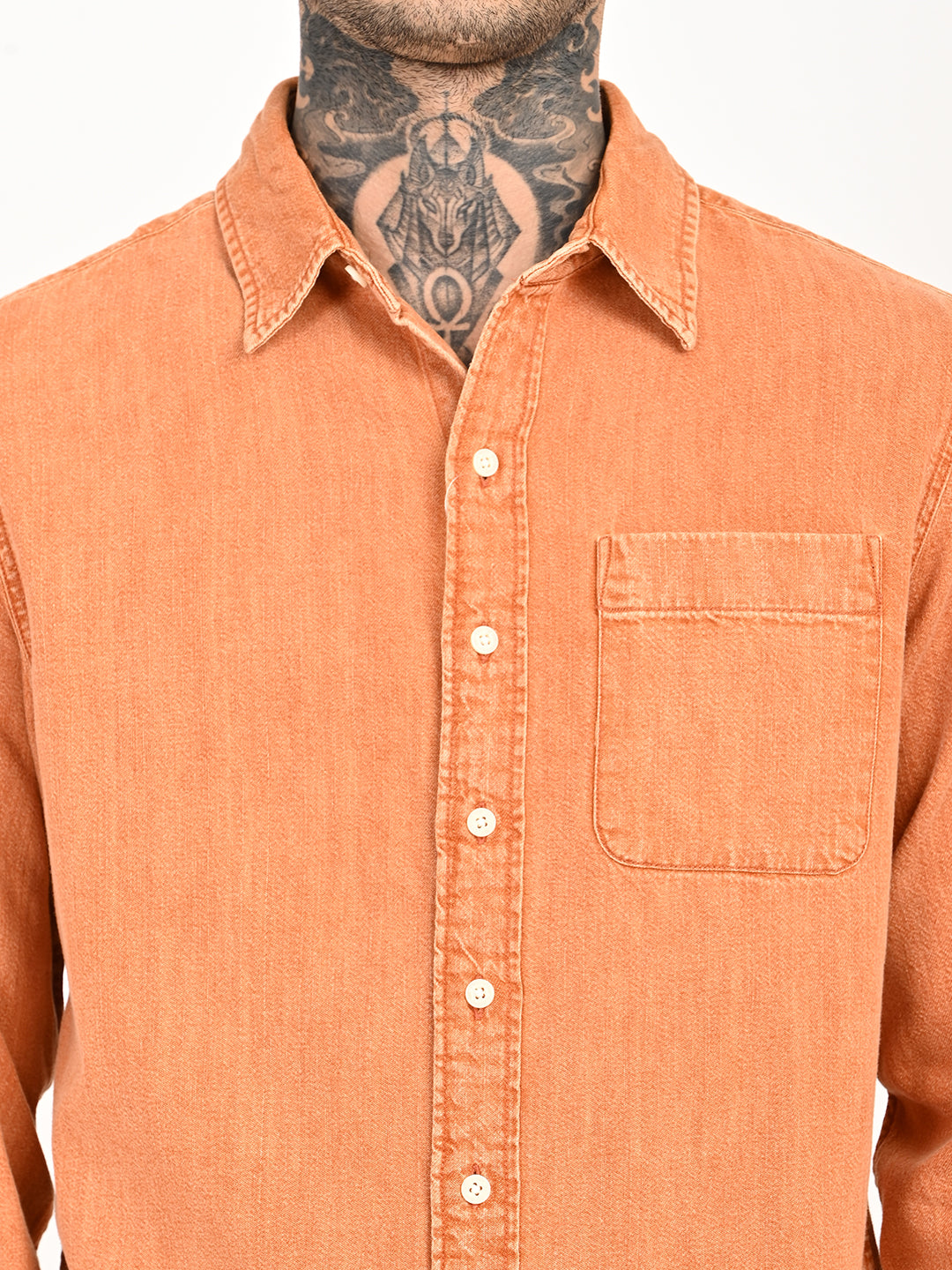 Men's Solid Orange Spread Collar Shirt - 20 View