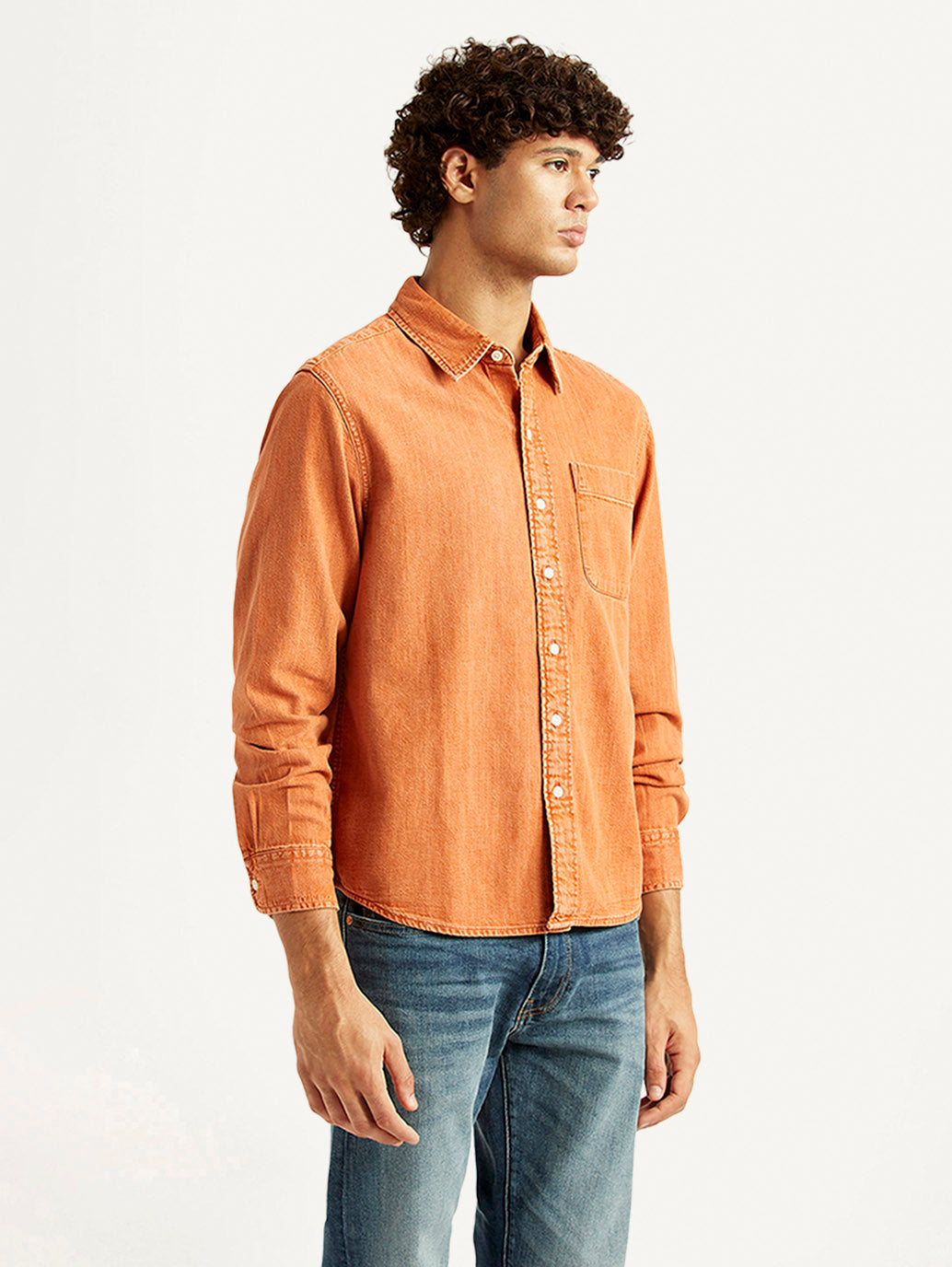 Men's Solid Orange Spread Collar Shirt - Side View