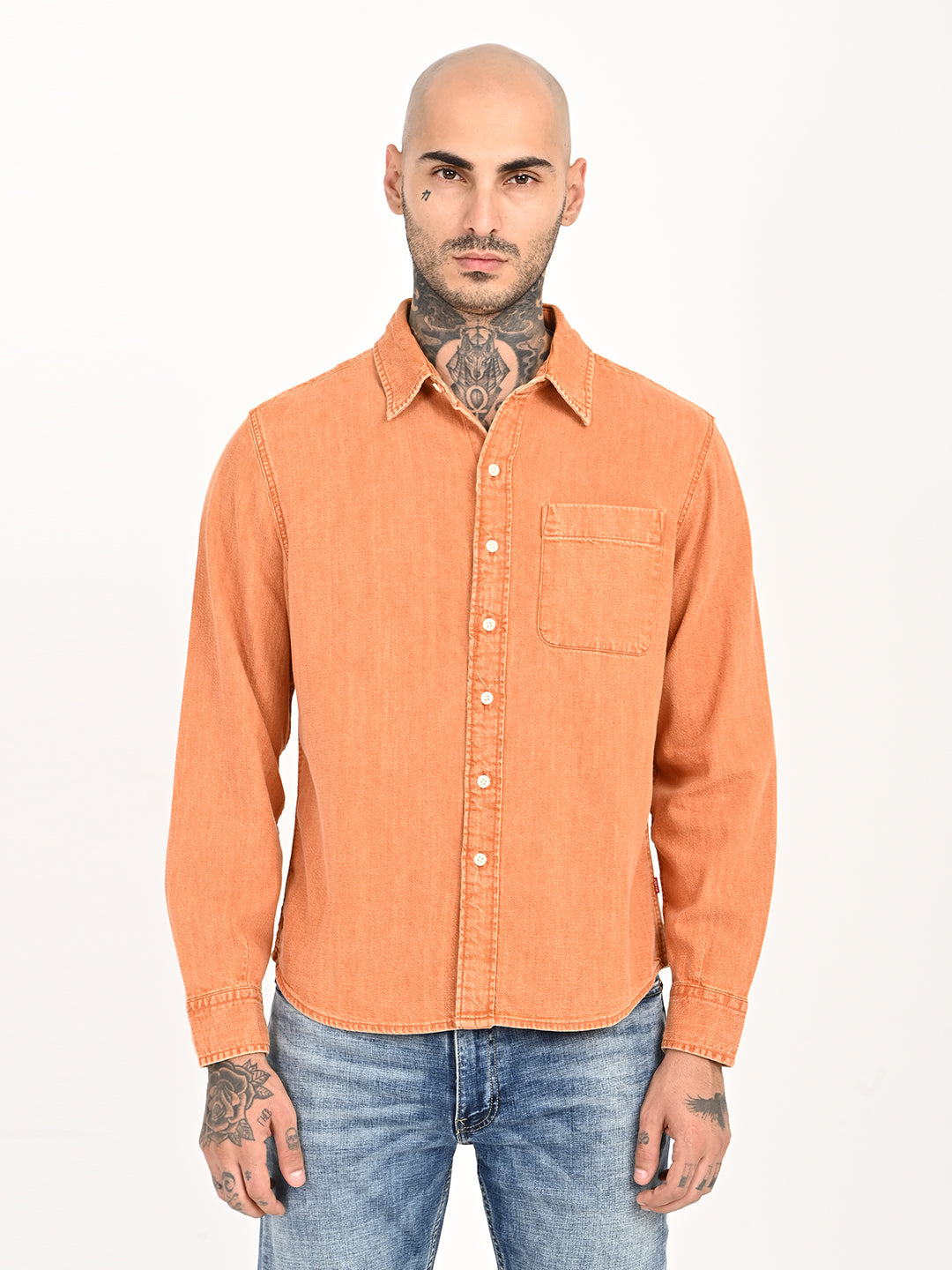 Men's Solid Orange Spread Collar Shirt - front View