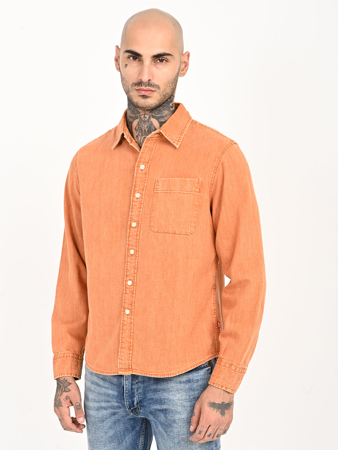 Men's Solid Orange Spread Collar Shirt - 20 View