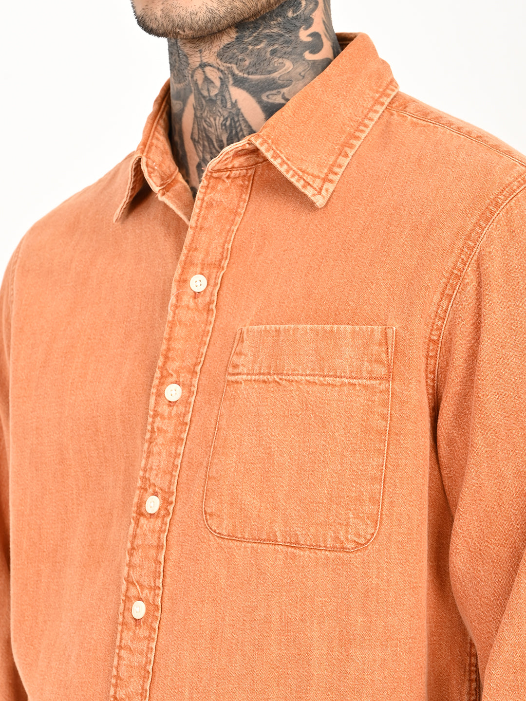 Men's Solid Orange Spread Collar Shirt - 20 View