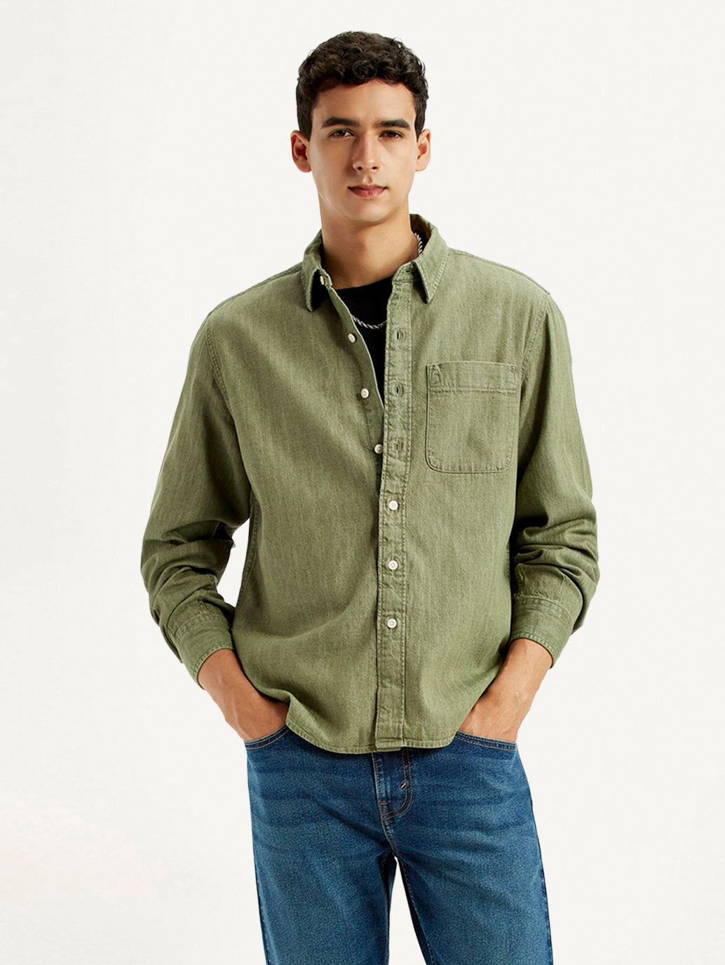 Men's Solid Olive Spread Collar Shirt - Styleshot View