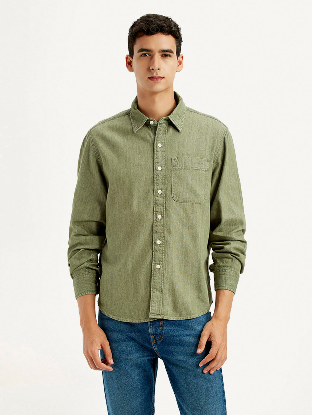 Men's Solid Olive Spread Collar Shirt - Front View