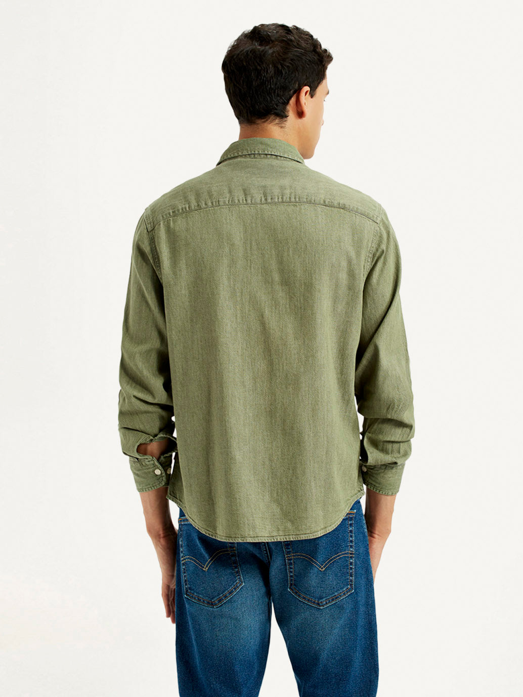 Men's Solid Olive Spread Collar Shirt - Back View