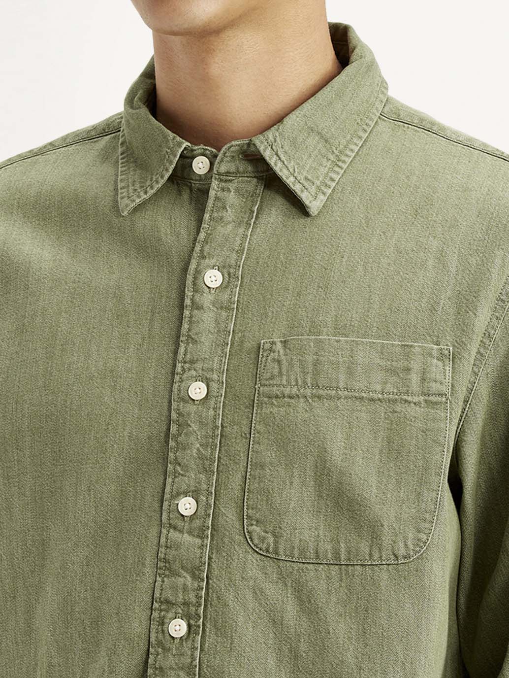 Men's Solid Olive Spread Collar Shirt - Detail View
