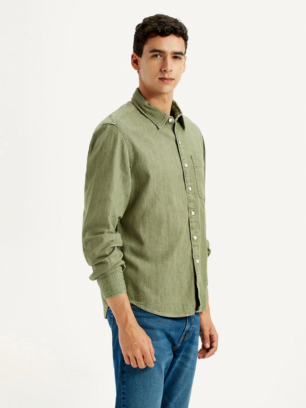 Men's Solid Olive Spread Collar Shirt - Side View