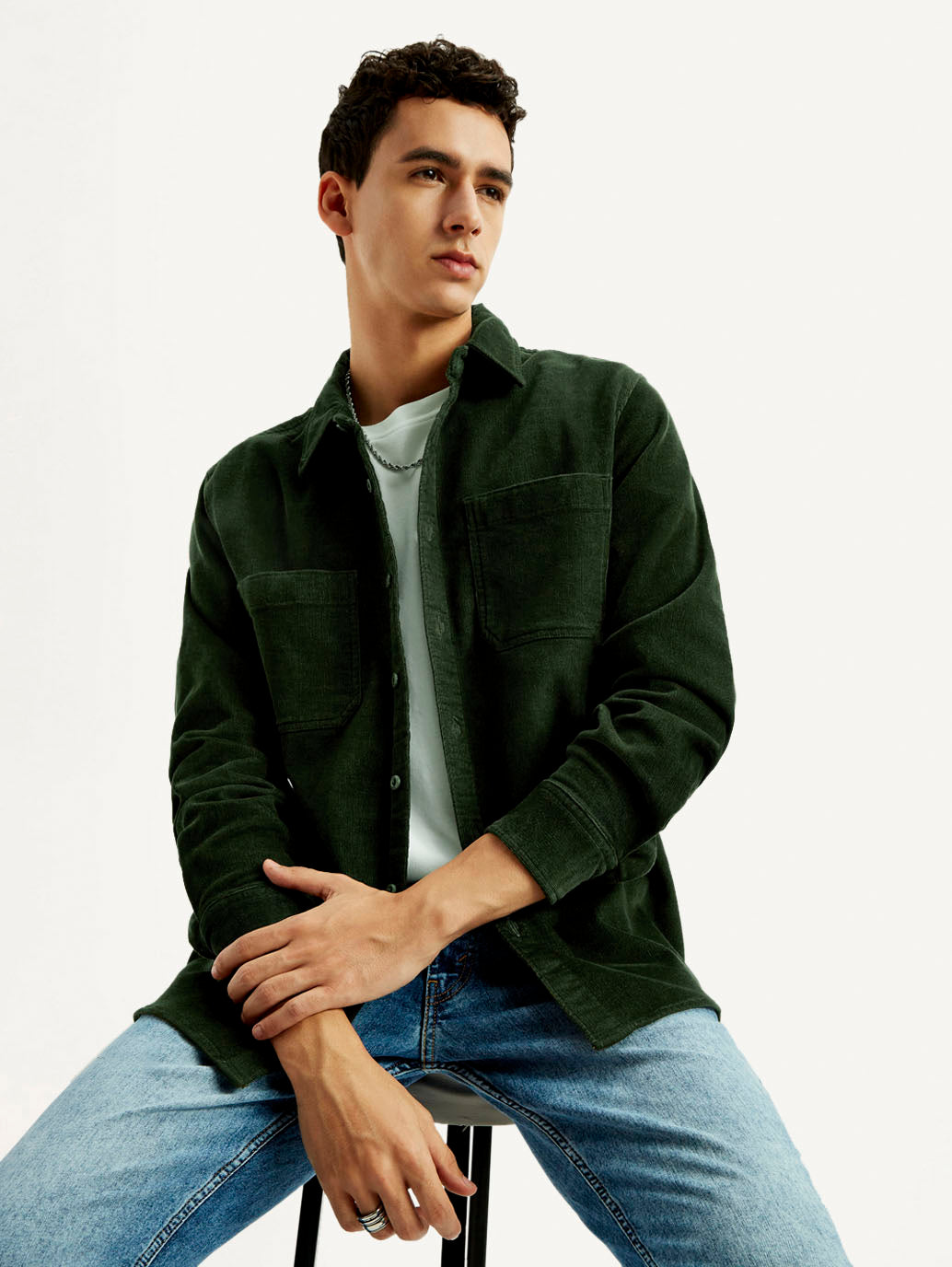 Men's Solid Spread Collar Corduroy Shacket