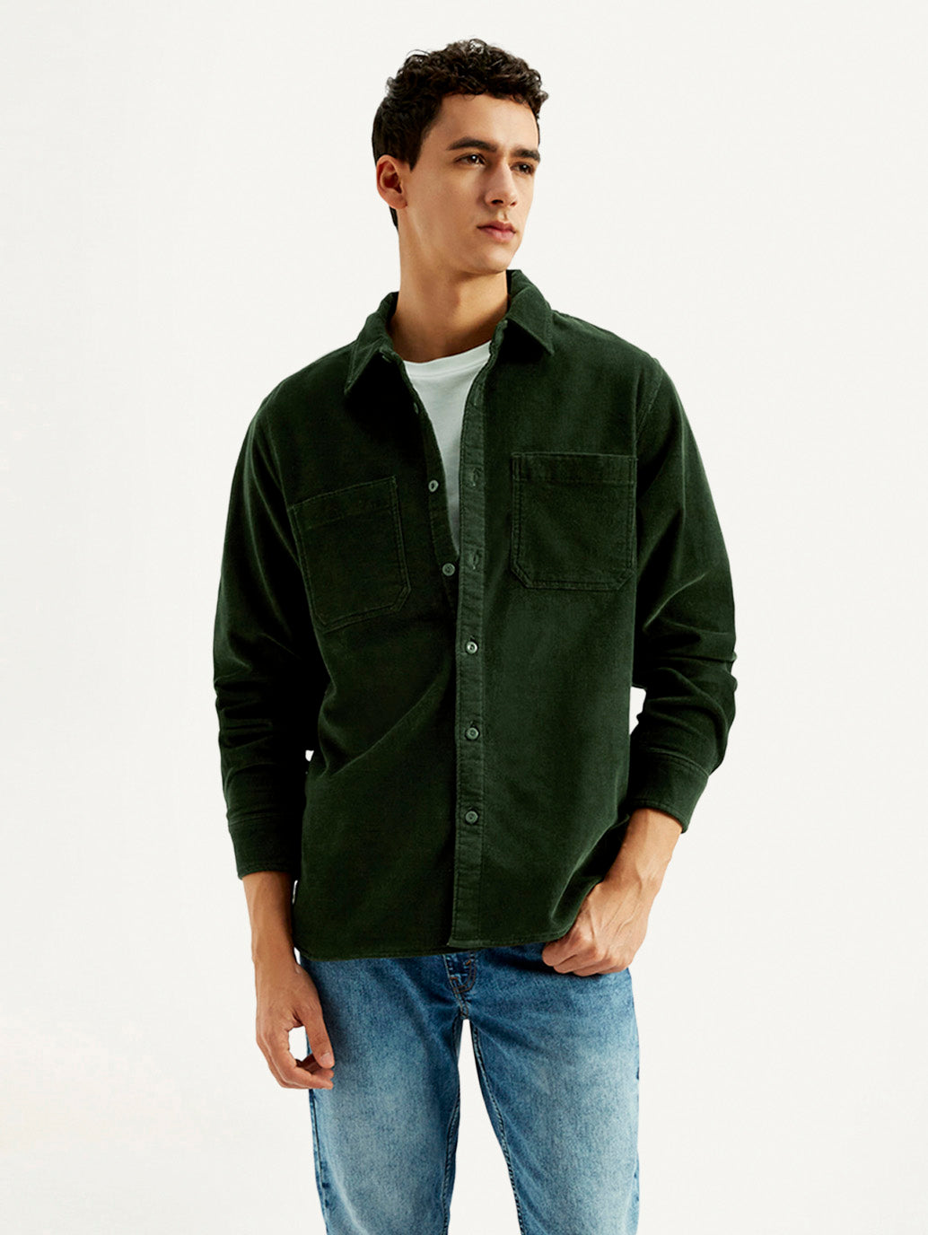 Men's Solid Spread Collar Corduroy Shacket - Styleshot View