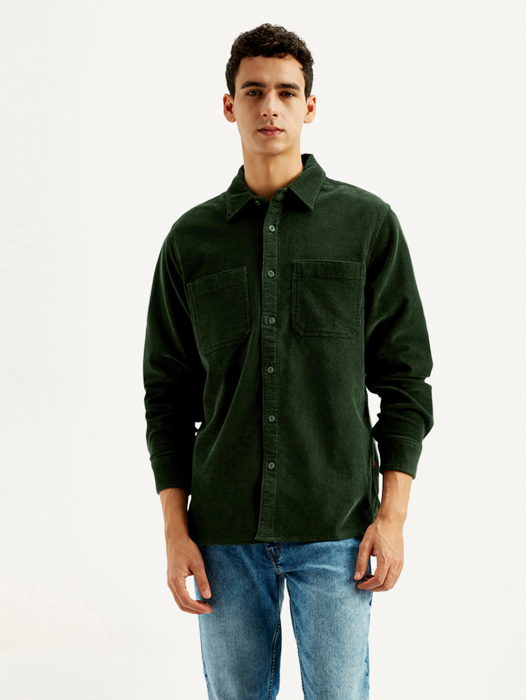 Men's Solid Spread Collar Corduroy Shacket - Front View