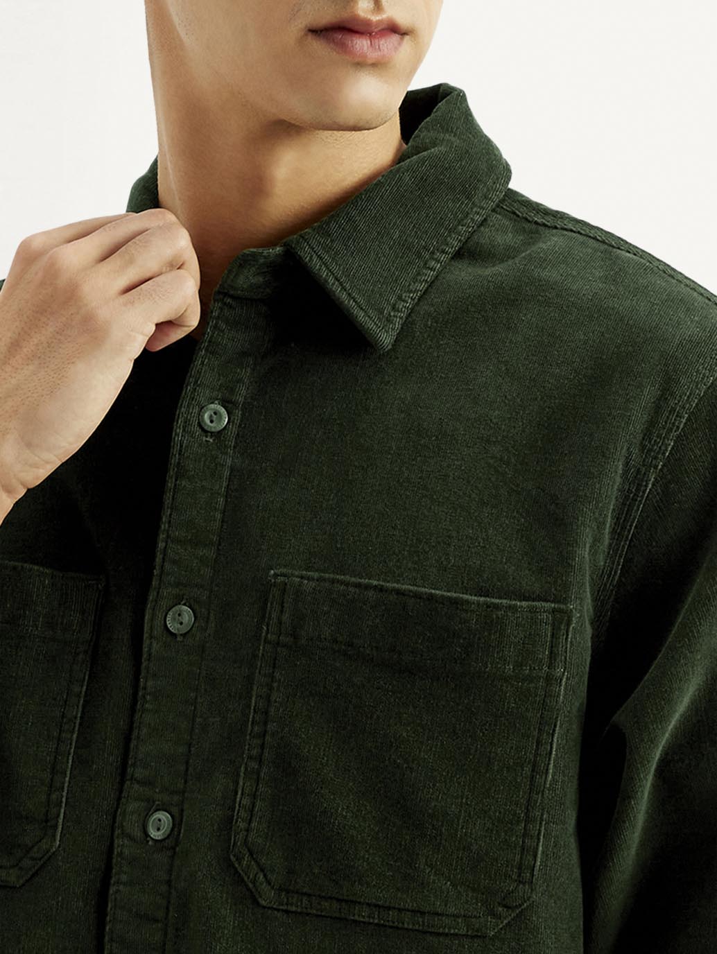 Men's Solid Spread Collar Corduroy Shacket - Detail View