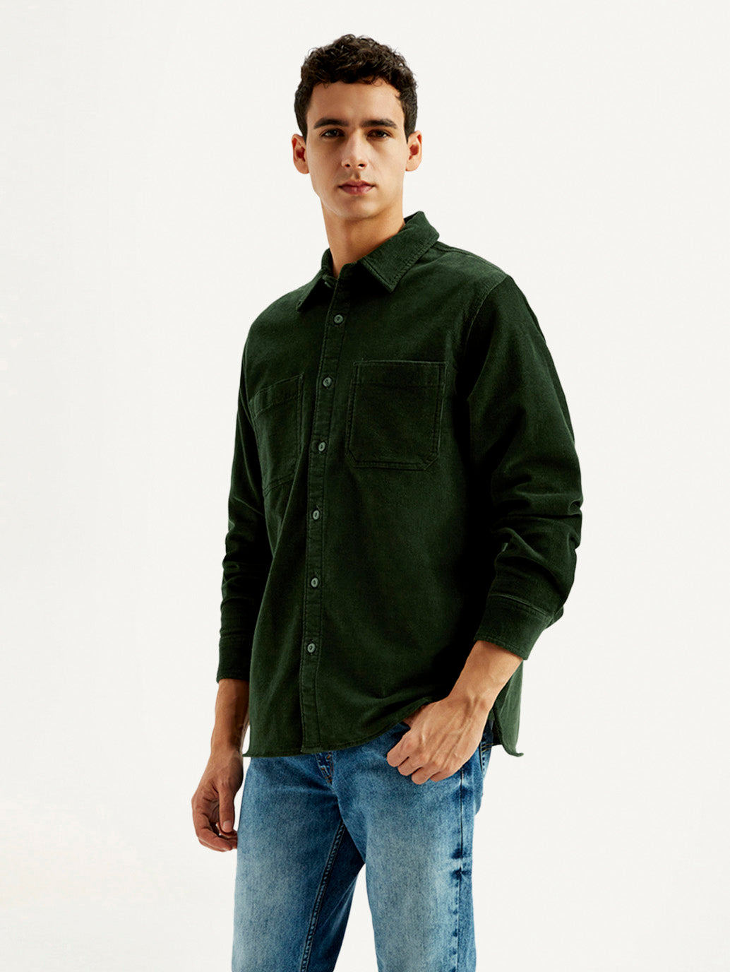 Men's Solid Spread Collar Corduroy Shacket - Side View