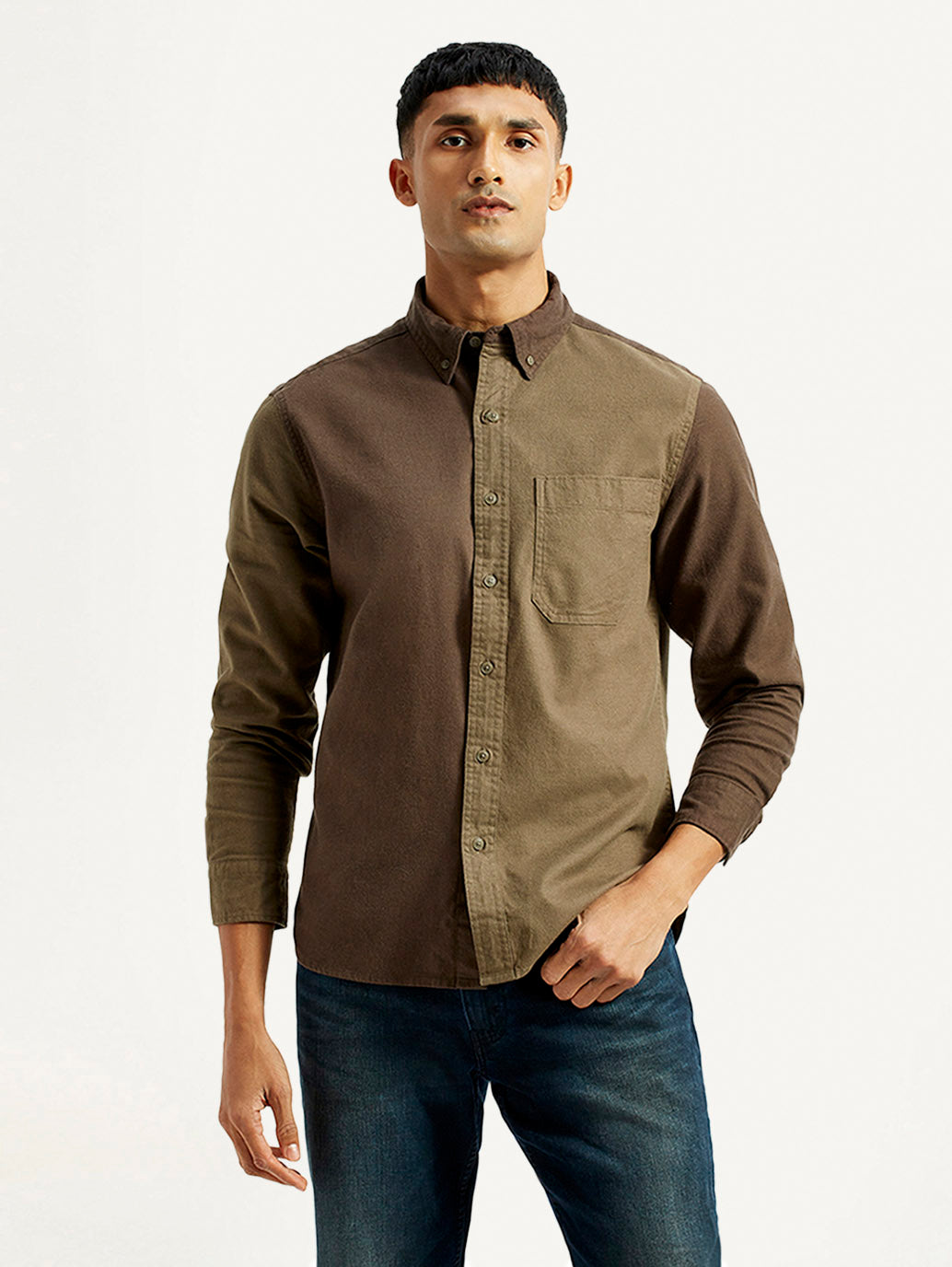 Men's Colorblock Spread Collar Flannel Shirt - Front View