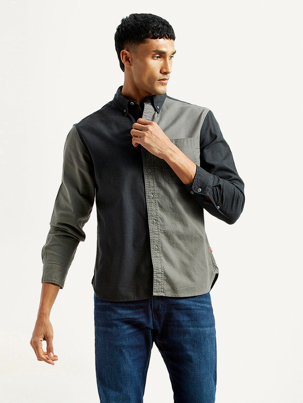 Men's Colorblock Charcoal Grey Spread Collar Flannel Shirt - Styleshot View