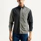 Men's Colorblock Charcoal Grey Spread Collar Flannel Shirt - Front View