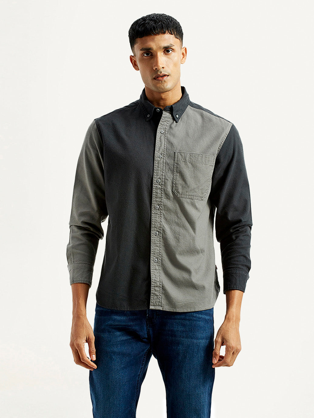 Men's Colorblock Charcoal Grey Spread Collar Flannel Shirt - Front View