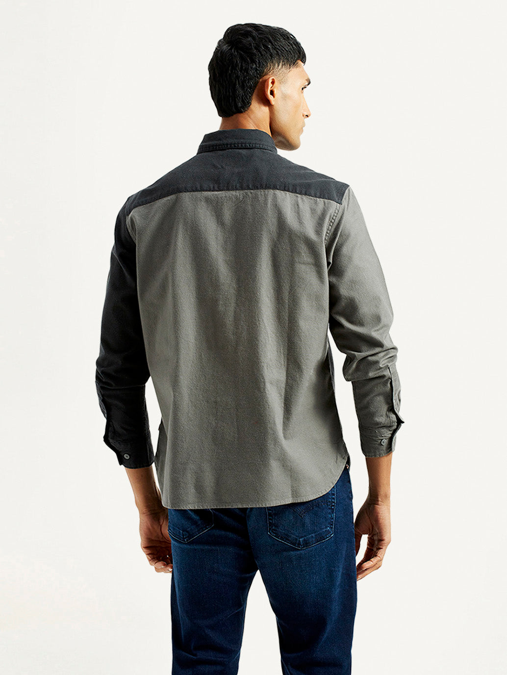 Men's Colorblock Charcoal Grey Spread Collar Flannel Shirt - Back View