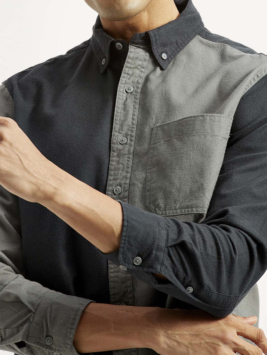 Men's Colorblock Charcoal Grey Spread Collar Flannel Shirt - Detail View