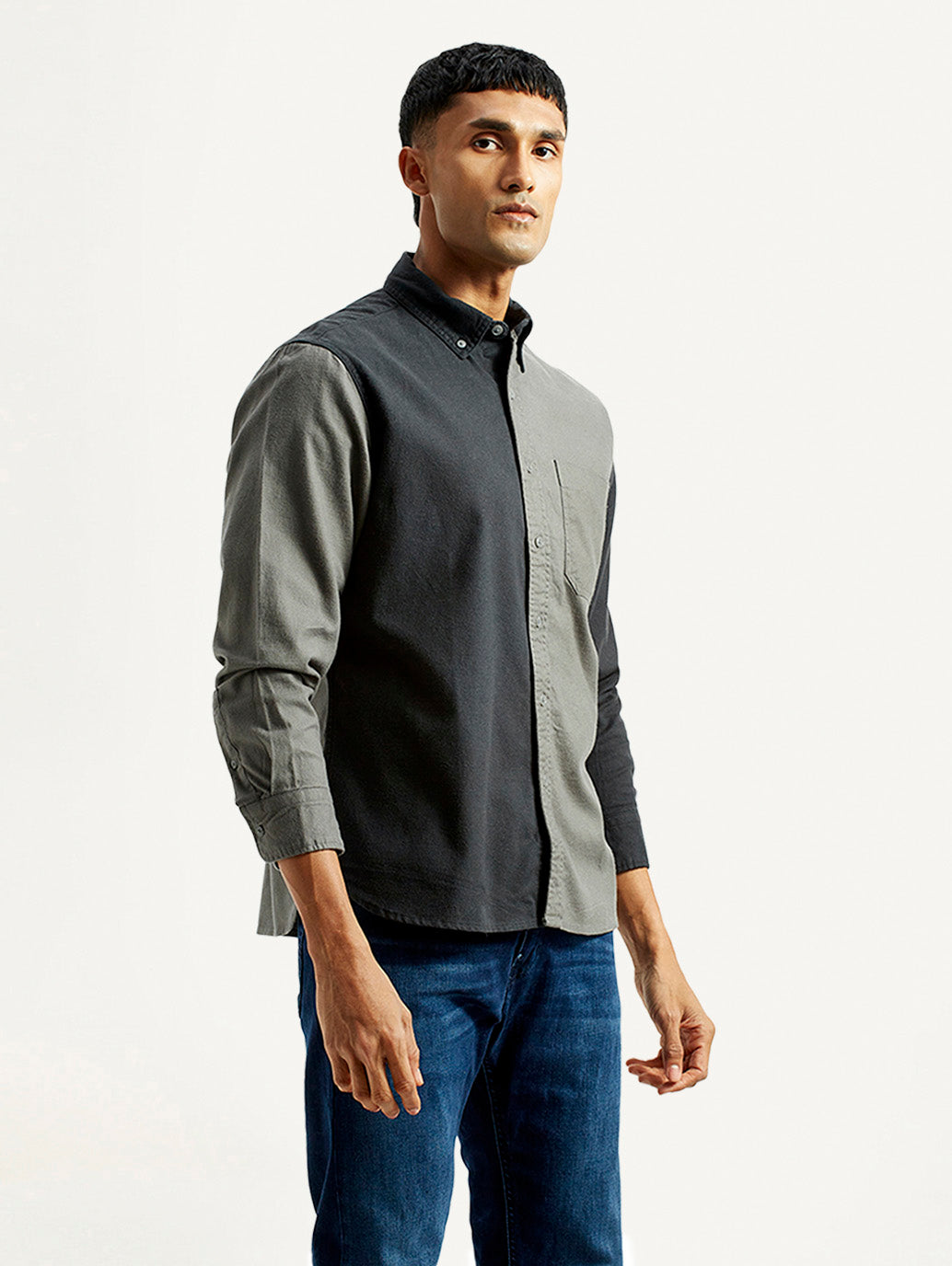Men's Colorblock Charcoal Grey Spread Collar Flannel Shirt - Side View