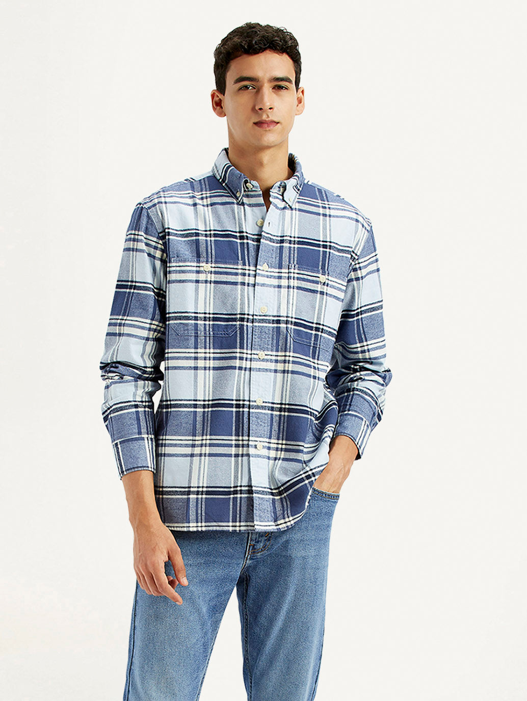 Men's Checkered Blue Flannel Shirt - Styleshot View