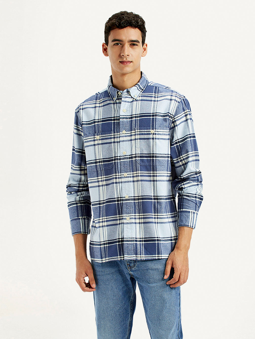 Men's Checkered Blue Flannel Shirt - Front View