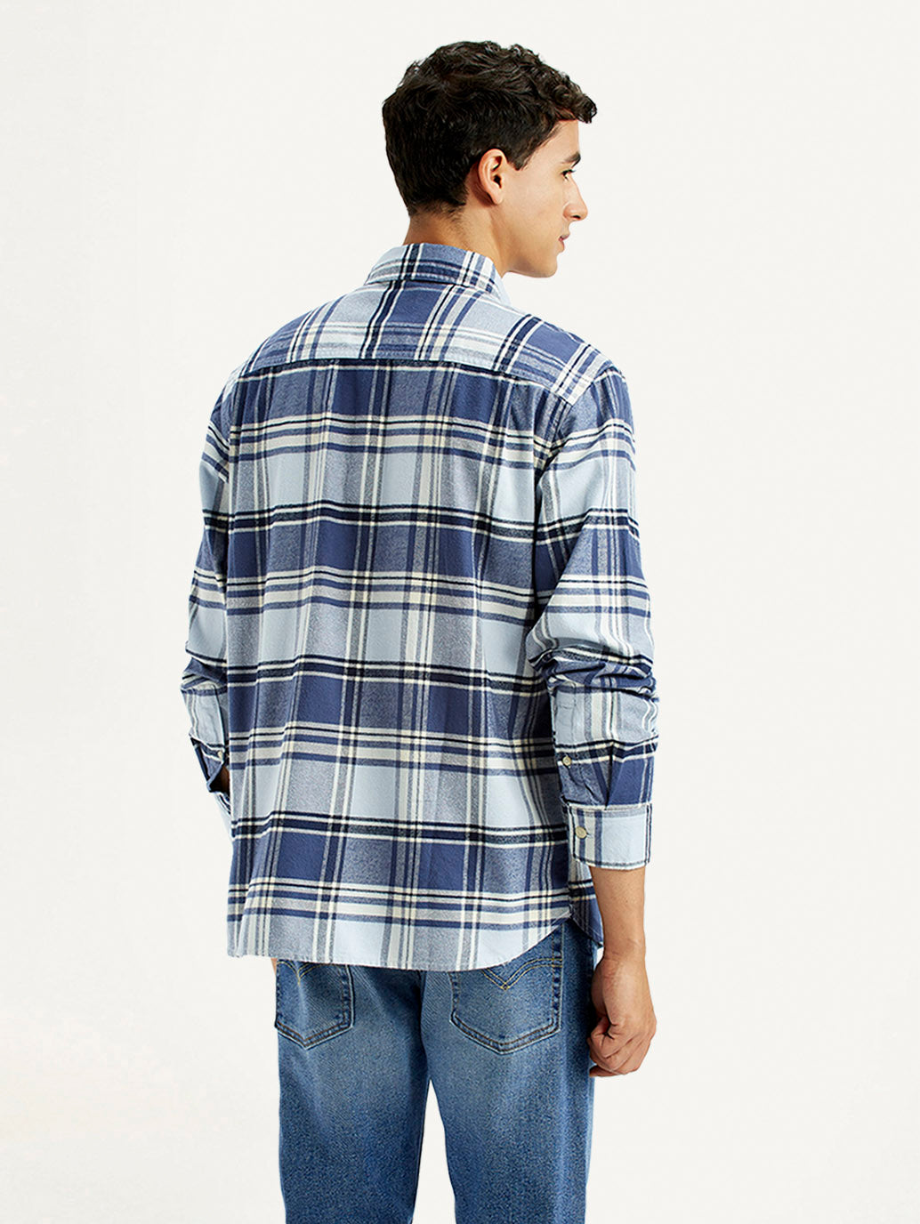 Men's Checkered Blue Flannel Shirt - Back View